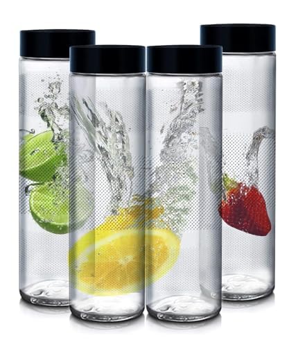 Vency 750ml Set Of 4 Glass Water Bottle Food Grade Airtight Water Bottle with Leak-Proof Black Lid - Water, Smoothie, Juicer and Beverage Glasses - 750ml (Set Of 4) - Image 1