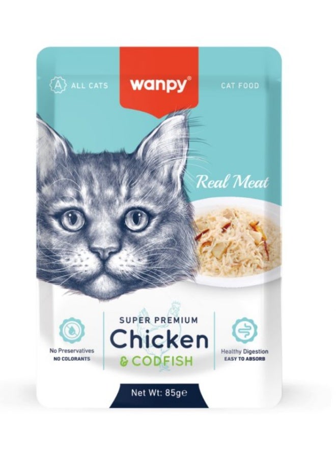 وانبي – كيس طعام قطط بنكهة الدجاج وسمك القد – 85 جم