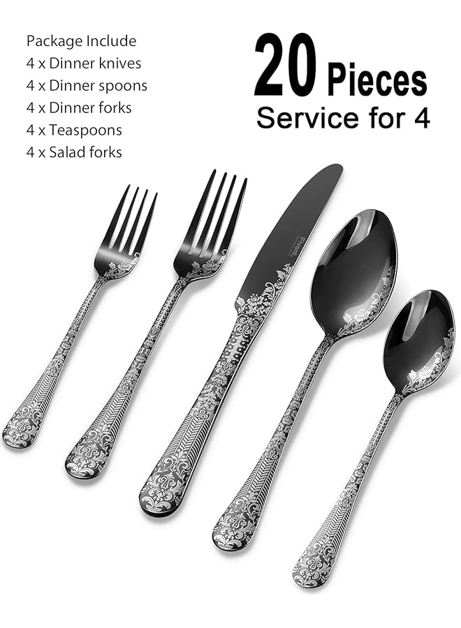 كاست ويف مجموعة أدوات مائدة من 20 قطعة، تتضمن 8 ملاعق، 8 شوك، 4 سكاكين، مصنوعة من الفولاذ المقاوم للصدأ، آمنة للاستخدام في غسالة الأطباق، أدوات مائدة مصقولة بمرآة، أدوات مائدة متينة، مطبخ منزلي - Image 3