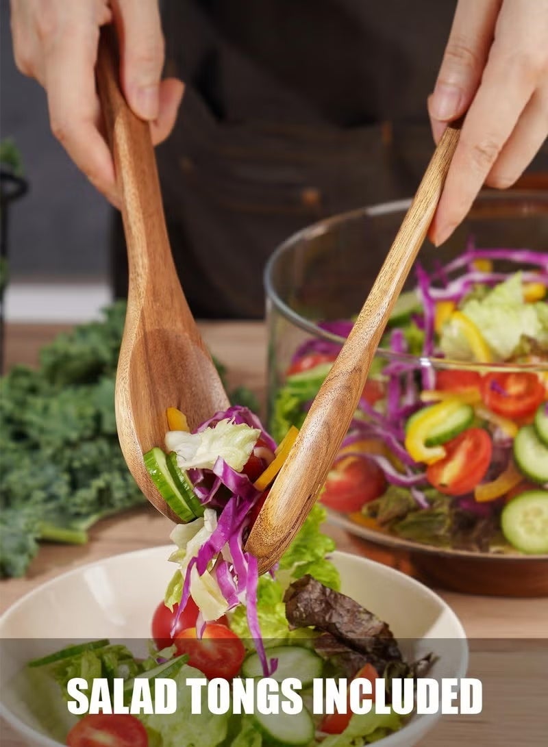 مجموعة وعاء سلطة زجاجي كبير مع قاعدة من خشب الأكاسيا وملحقات مجموعة التقديم - أساس مطبخ أنيق وعملي لحفلات، اجتماعات العائلة والاستخدام اليومي. - Image 4