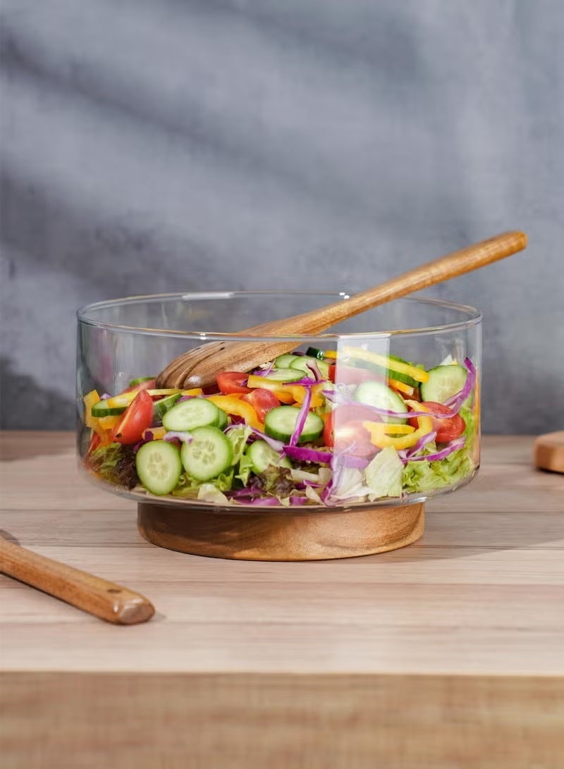 مجموعة وعاء سلطة زجاجي كبير مع قاعدة من خشب الأكاسيا وملحقات مجموعة التقديم - أساس مطبخ أنيق وعملي لحفلات، اجتماعات العائلة والاستخدام اليومي. - Image 5
