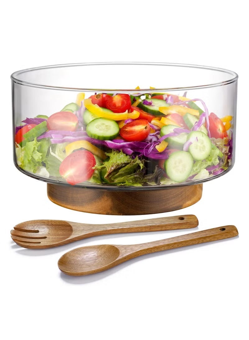 مجموعة وعاء سلطة زجاجي كبير مع قاعدة من خشب الأكاسيا وملحقات مجموعة التقديم - أساس مطبخ أنيق وعملي لحفلات، اجتماعات العائلة والاستخدام اليومي. - Image 1