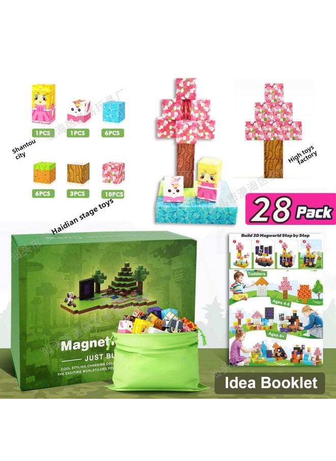 Generic - Magnetic Block Building Blocks Puzzle Toys Magnet Build My Magnetic World DIY Building Model-Color:28pcs Sakura Door + Instruction Manual + Storage Bag + Random 1 Minifigure - Image 1