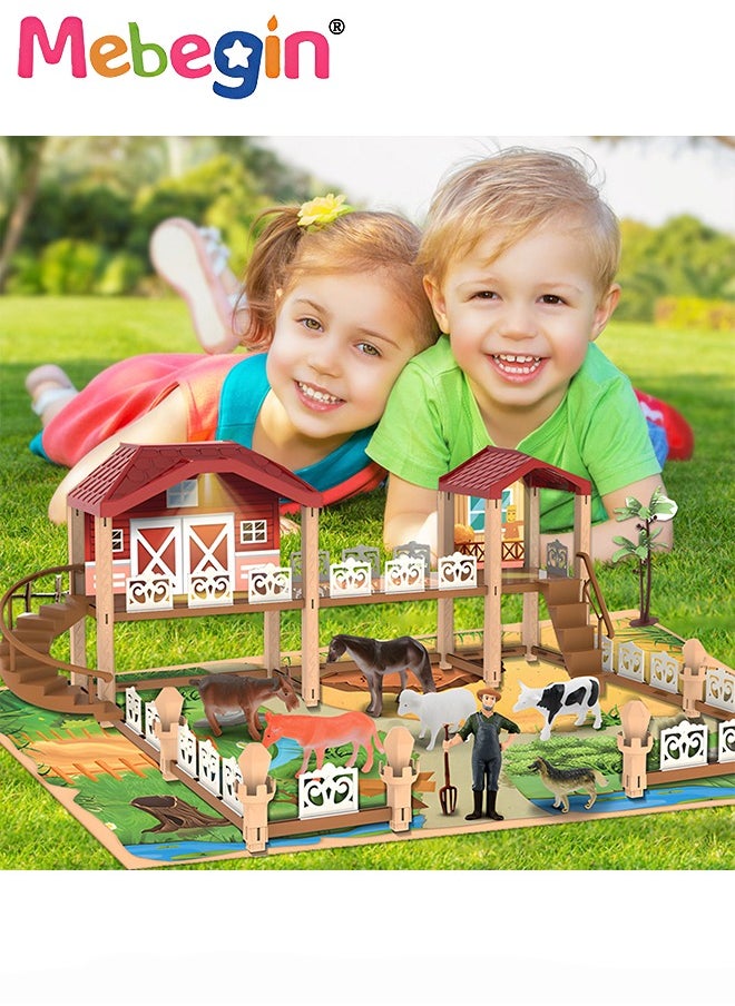 MEBEGIN Farm Animals Playset Toys, Plastic Farm Animals Figurines and Fence Play Toy, Toy Farm Kit with Farmer, Animals and Building, Farming Model Toys Gifts for Kids 3+  - Image 3