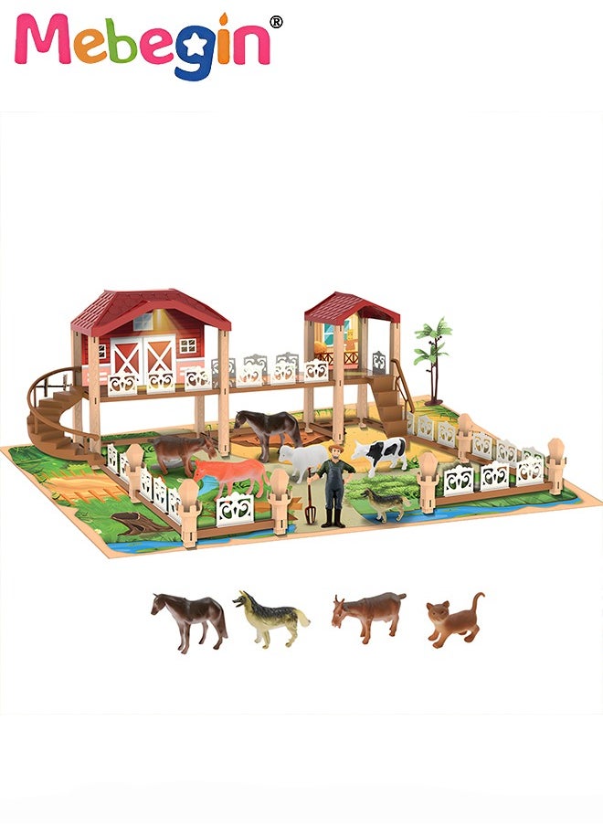 MEBEGIN Farm Animals Playset Toys, Plastic Farm Animals Figurines and Fence Play Toy, Toy Farm Kit with Farmer, Animals and Building, Farming Model Toys Gifts for Kids 3+  - Image 1