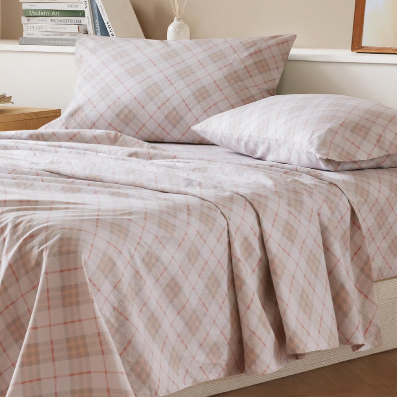 Codi Flannel Sheets Full Size- 4 Pieces Ultra Soft Warm Sheet Set  Cozy 100% Cotton Pink Plaid Bedsheets  Brushed for Extra Softness  Fall Themed  12 Inch Deep Pocket - Image 2
