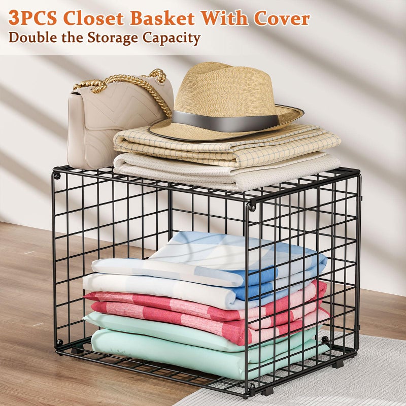 Hencawima Upgraded Wider & Taller Closet Organizer with Wire Top Shelf, 3-Pack Stackable Closet Shelf Organizer, Space-Saving Clothes Organizer Basket for Closet and Wardrobe, Black - Image 4