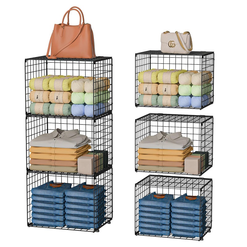 Hencawima Upgraded Wider & Taller Closet Organizer with Wire Top Shelf, 3-Pack Stackable Closet Shelf Organizer, Space-Saving Clothes Organizer Basket for Closet and Wardrobe, Black - Image 1