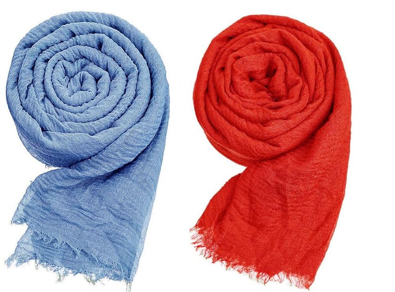 ICW Women's UV Protection Light Weight Wrinkle Ironless Crinkle Cotton Hemp Summer Scarf Stoles Shawl head scarves for girls (Pack of 2) (Sky Blue- Pink) - Image 1
