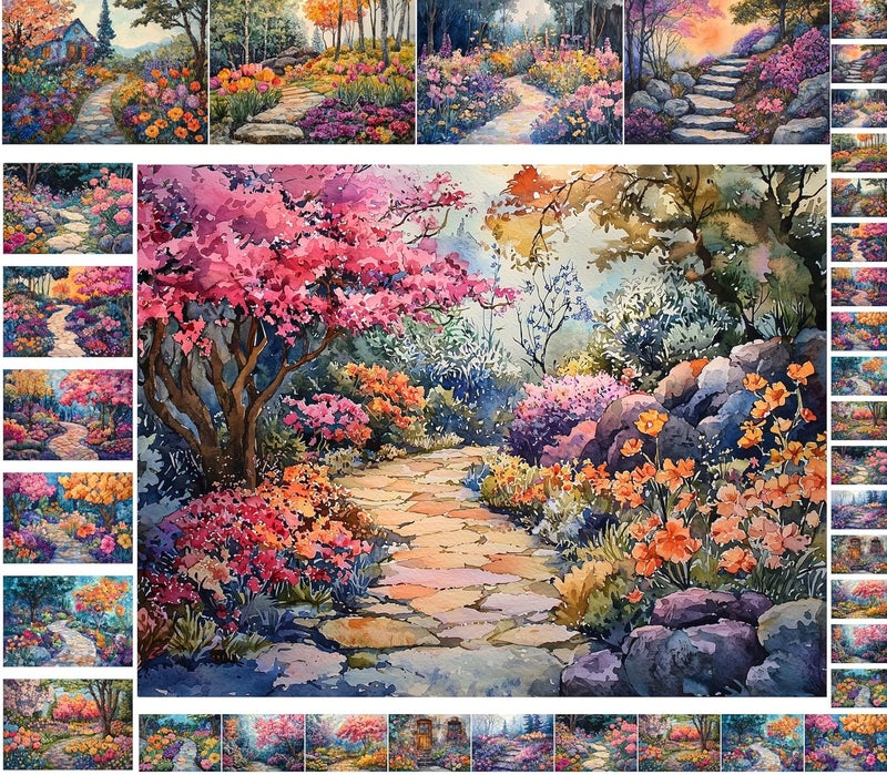 Flonz Decoupage Paper Pack (35 Sheets 6"x8") Garden Pathways: Winding Stone Paths Surrounded by Lush Flowers, Blooming Trees and Peaceful Cottages in Vibrant, Serene Countryside Landscapes Vintage - Image 1