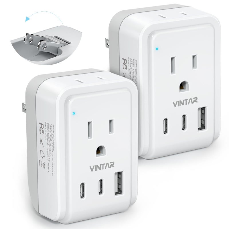 VINTAR 2 Pack US to Japan Plug Adapter, VINTAR Foldable Japan Travel Adapter with 2 Outlets and 3 USB Ports(2 USB C), 2 Prong to 3 Prong Outlet Adapter for USA to Japan China Canada Philippine, Type A - Image 1