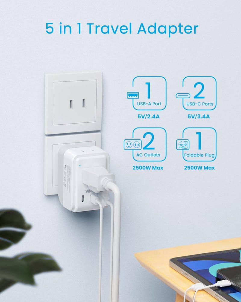 VINTAR 2 Pack US to Japan Plug Adapter, VINTAR Foldable Japan Travel Adapter with 2 Outlets and 3 USB Ports(2 USB C), 2 Prong to 3 Prong Outlet Adapter for USA to Japan China Canada Philippine, Type A - Image 4