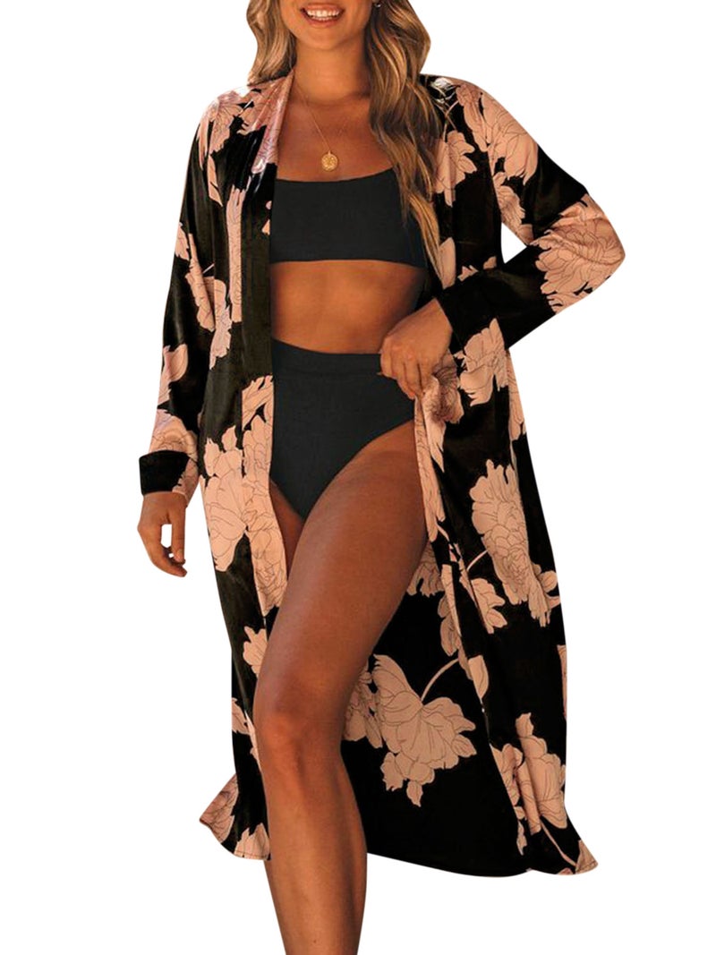 Women Beach Cover Ups Kimono Robes with Waist Strap Floral Long Sleeve Holiday Beachwear - Image 1