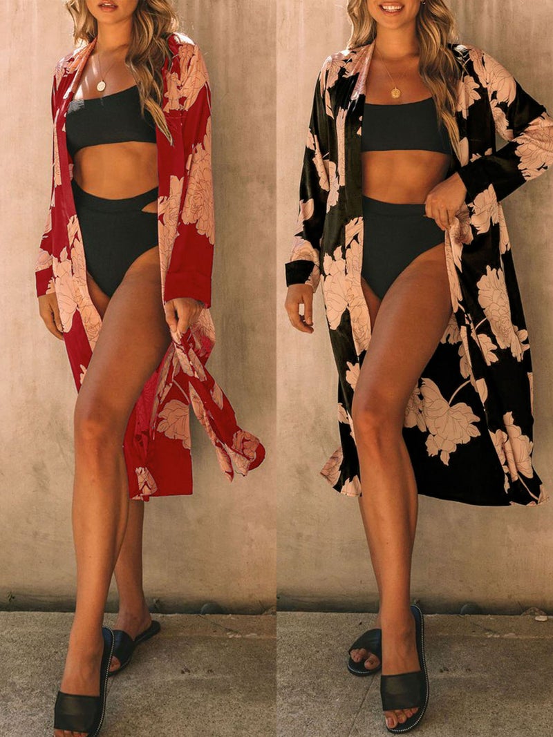 Women Beach Cover Ups Kimono Robes with Waist Strap Floral Long Sleeve Holiday Beachwear - Image 3