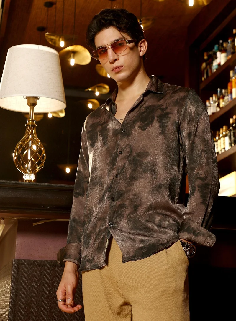 Campus Sutra Campus Sutra Men's Coffee Brown Gleaming-Blur Shirt | Spread Collar , Long  Cuffed Sleeves , Button Closure | Abstract Print Suede Feel | Cotton-Blend Shirt For Party  Wear