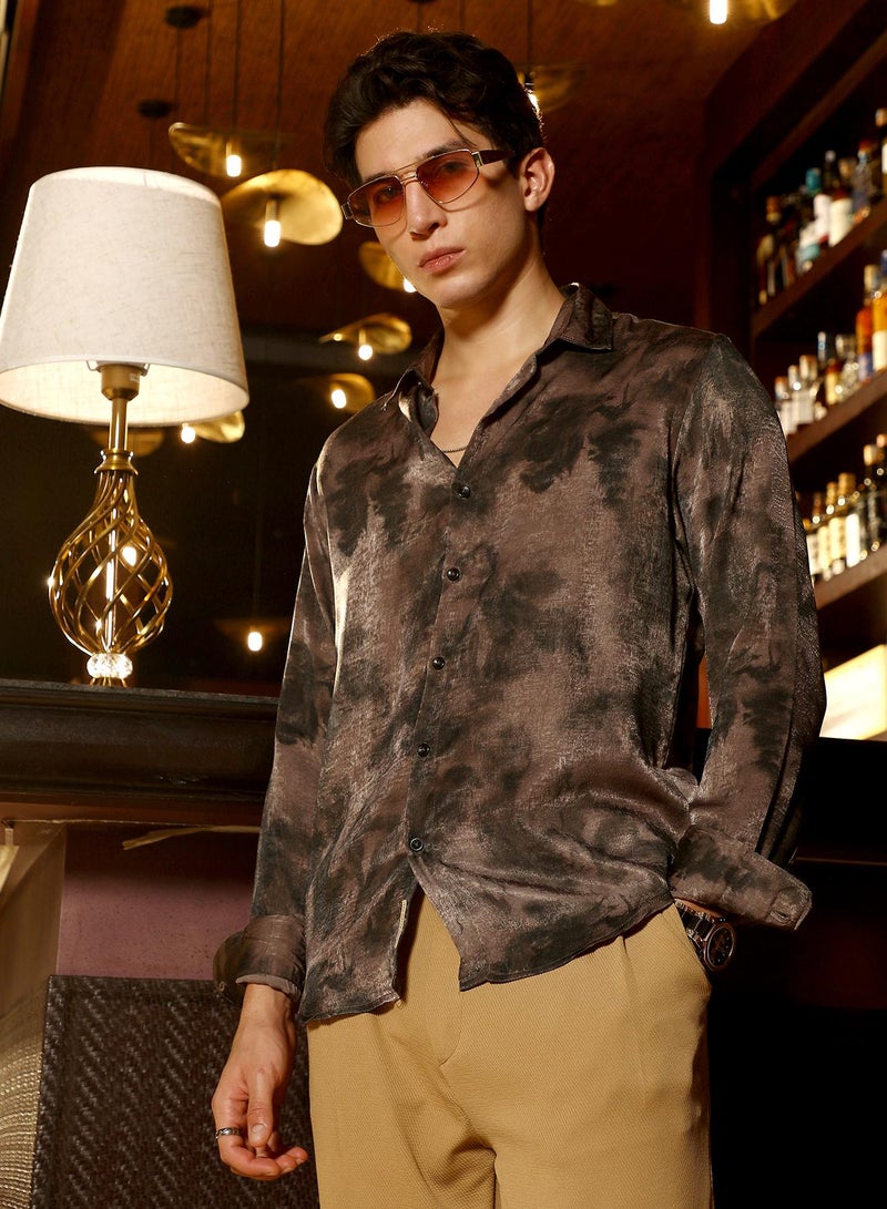 Campus Sutra Campus Sutra Men's Coffee Brown Gleaming-Blur Shirt | Spread Collar , Long  Cuffed Sleeves , Button Closure | Abstract Print Suede Feel | Cotton-Blend Shirt For Party  Wear - Image 1