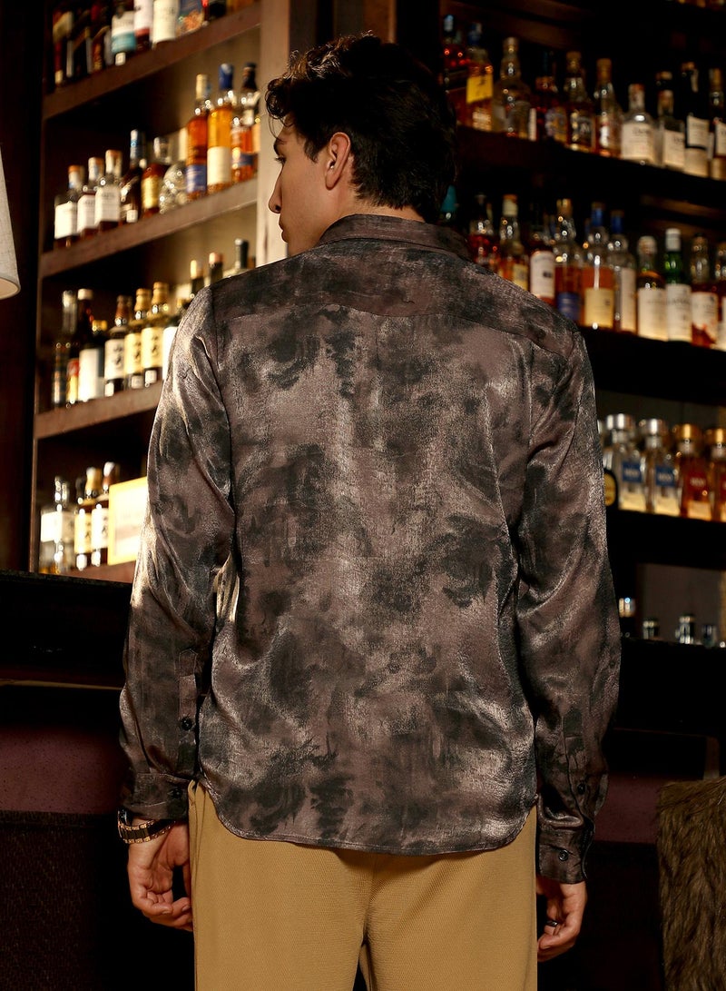 Campus Sutra Campus Sutra Men's Coffee Brown Gleaming-Blur Shirt | Spread Collar , Long  Cuffed Sleeves , Button Closure | Abstract Print Suede Feel | Cotton-Blend Shirt For Party  Wear - Image 5