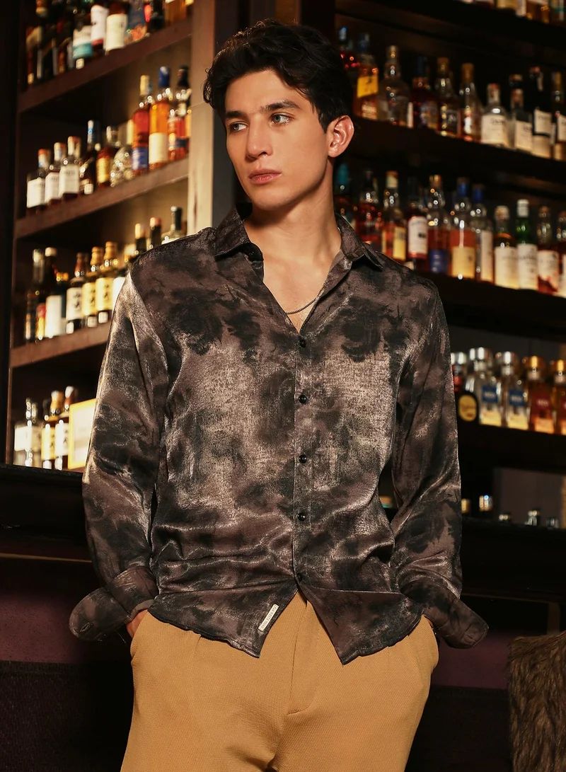Campus Sutra Campus Sutra Men's Coffee Brown Gleaming-Blur Shirt | Spread Collar , Long  Cuffed Sleeves , Button Closure | Abstract Print Suede Feel | Cotton-Blend Shirt For Party  Wear