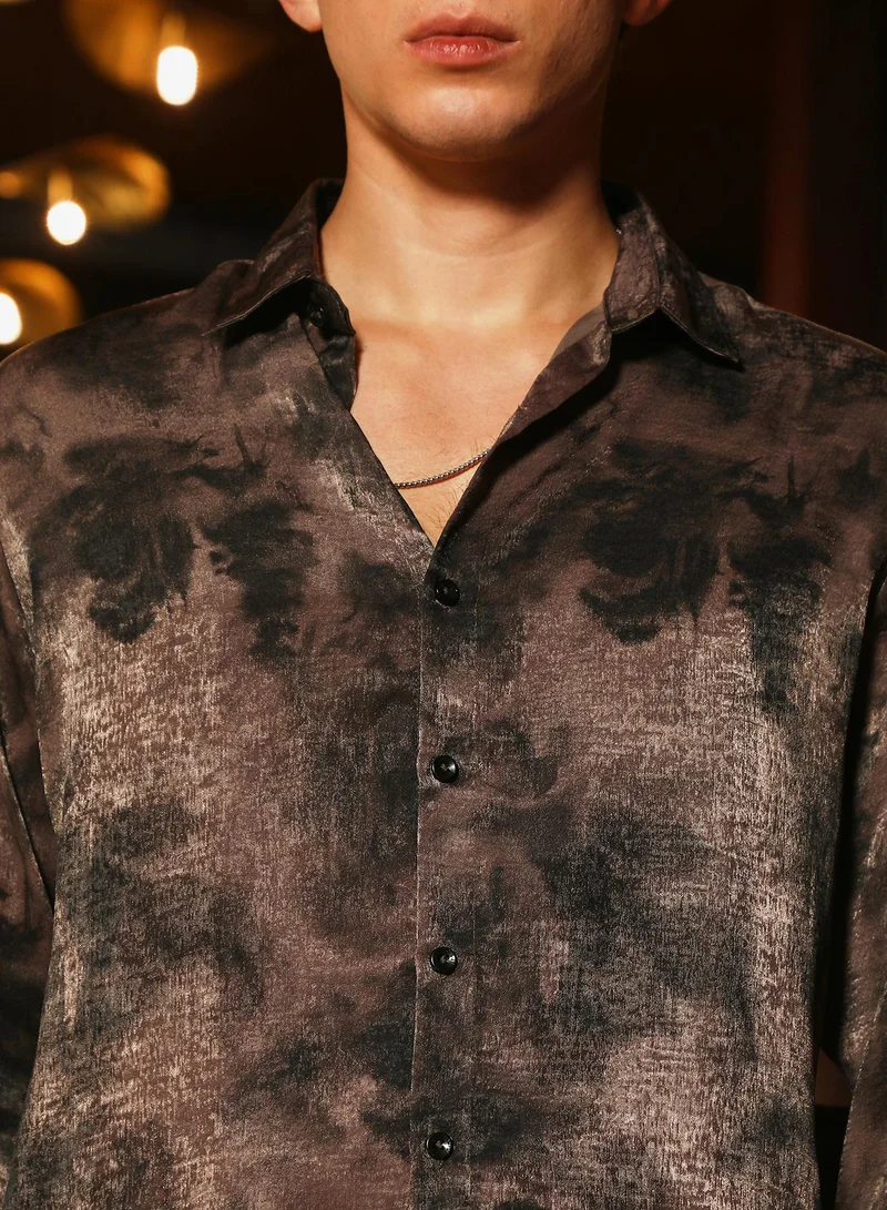 Campus Sutra Campus Sutra Men's Coffee Brown Gleaming-Blur Shirt | Spread Collar , Long  Cuffed Sleeves , Button Closure | Abstract Print Suede Feel | Cotton-Blend Shirt For Party  Wear