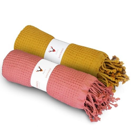 PATVY Bath Towels - 100% Cotton Waffle Weave Large Size Towels (75 x 150cm) - Quick Absorption &Faster Drying Bath Towel for Women & Men (Pack of 2, Brick & Mustard Yellow) - Image 1