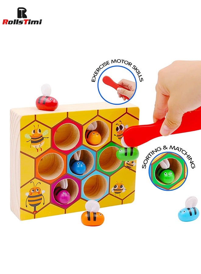 RollsTimi  Toddler Fine Motor Skill Toy - Clamp Bee to Hive Matching Game - Montessori Wooden Color Sorting Puzzle - Image 2