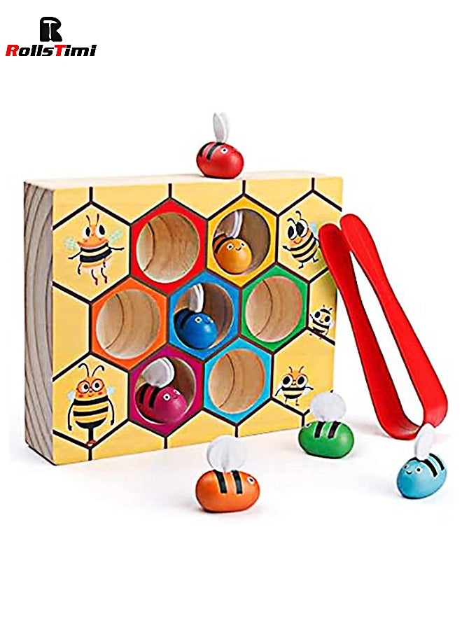RollsTimi  Toddler Fine Motor Skill Toy - Clamp Bee to Hive Matching Game - Montessori Wooden Color Sorting Puzzle - Image 1