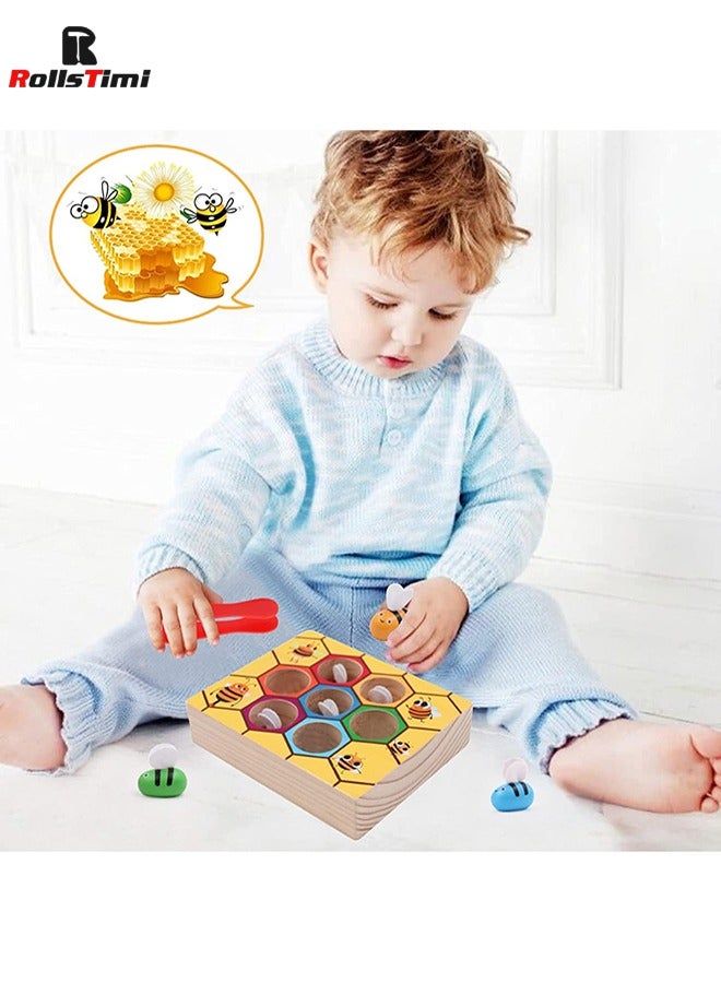 RollsTimi  Toddler Fine Motor Skill Toy - Clamp Bee to Hive Matching Game - Montessori Wooden Color Sorting Puzzle - Image 3