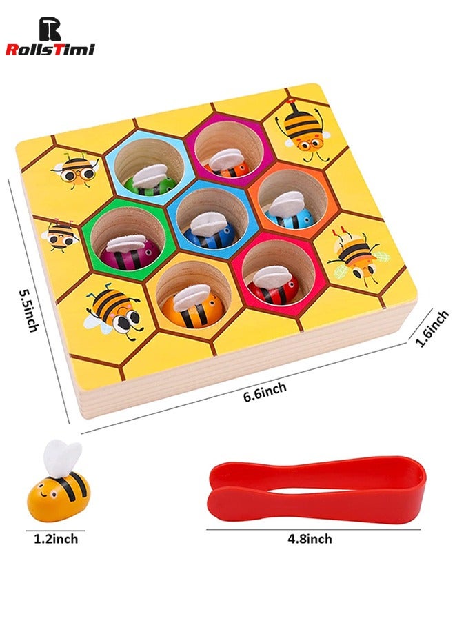RollsTimi  Toddler Fine Motor Skill Toy - Clamp Bee to Hive Matching Game - Montessori Wooden Color Sorting Puzzle - Image 5