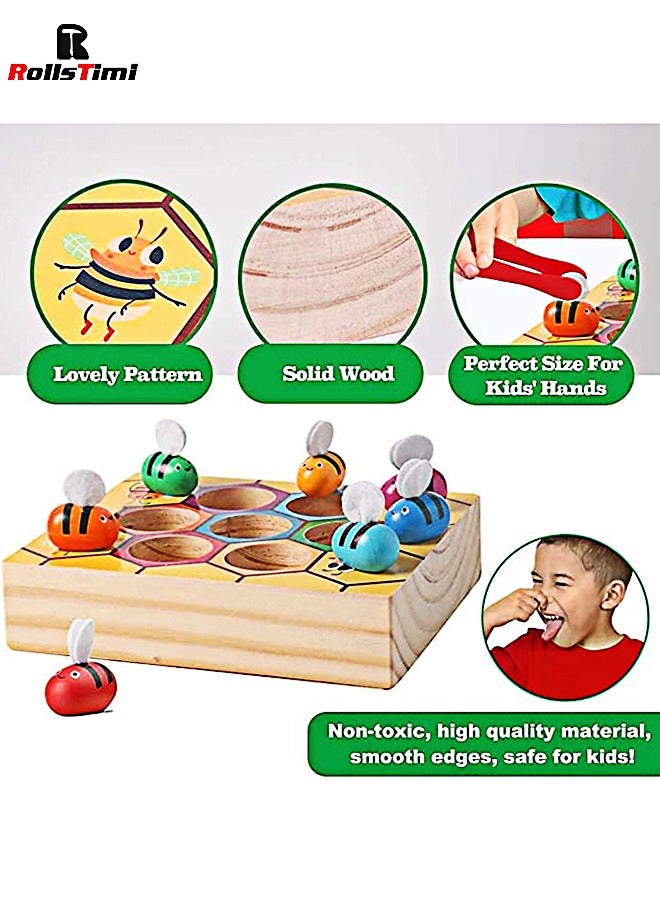 RollsTimi  Toddler Fine Motor Skill Toy - Clamp Bee to Hive Matching Game - Montessori Wooden Color Sorting Puzzle - Image 4