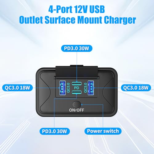 Hapytrip 2 Pack 78W 4 Port 12V USB Outlet Wall Mount, Dual 36W PD & Dual 18W QC3.0 Lightweight Surface Mount Charger Socket Panel with Button Switch for Bus RV Truck Marine Golf Cart - Image 2