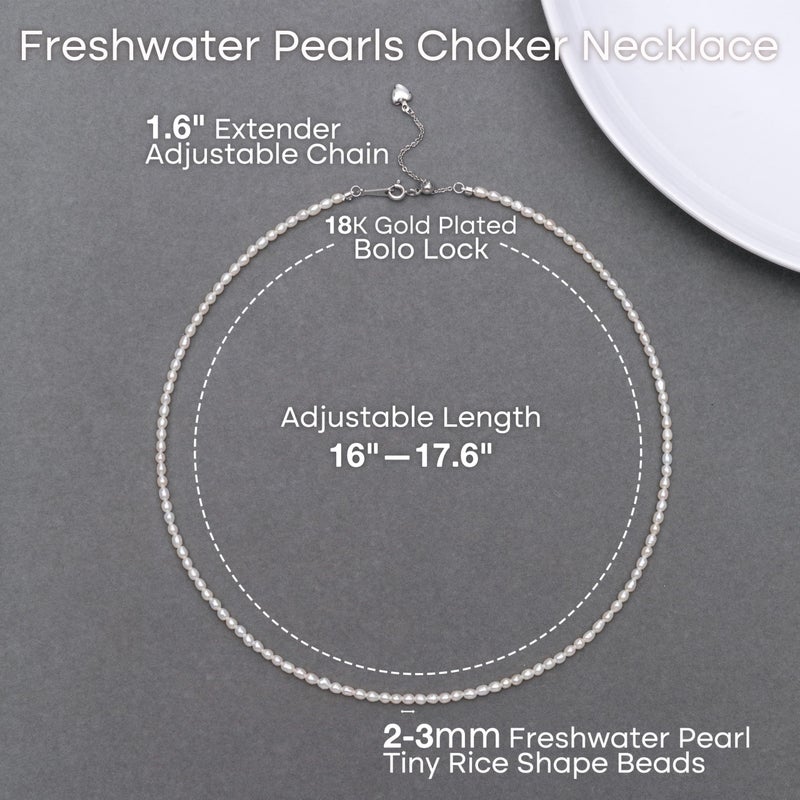 HENGSHENG Freshwater Pearls Choker Necklace for Women Tiny Small Rice Pearl Strand Necklace 18K Gold Plated Bolo Lock Hypoallergenic Cultured Pearl Choker - 18K WGP - Image 3