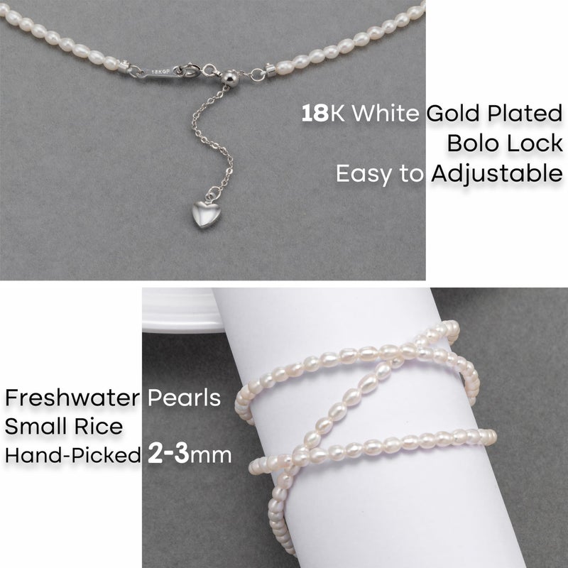 HENGSHENG Freshwater Pearls Choker Necklace for Women Tiny Small Rice Pearl Strand Necklace 18K Gold Plated Bolo Lock Hypoallergenic Cultured Pearl Choker - 18K WGP - Image 4