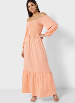 In the style Jac Jossa Peach Shirred Bardot Maxi Dress  - Image 1