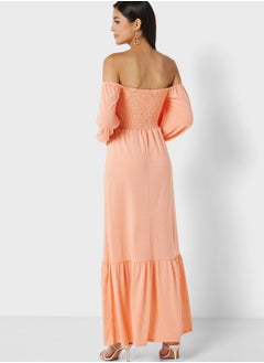 In the style Jac Jossa Peach Shirred Bardot Maxi Dress  - Image 2