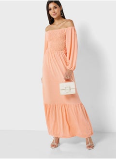 In the style Jac Jossa Peach Shirred Bardot Maxi Dress  - Image 4