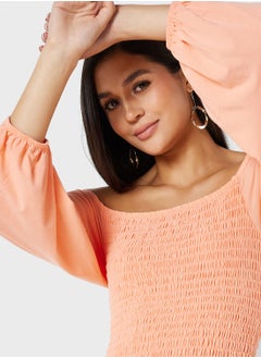In the style Jac Jossa Peach Shirred Bardot Maxi Dress  - Image 3