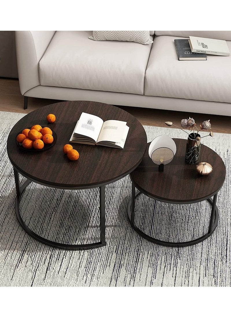 AGD - Modern Nesting Round Coffee Table Set of 2 Pieces for Living Room Balcony Garden Etc, Round Coffee Table with Solid Metal Frame - Image 1