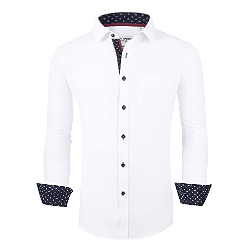 Alex Vando Mens Dress Shirt Wrinkle Free Regular Fit 4-Way Stretch Button Down Shirts,White,L - Image 1