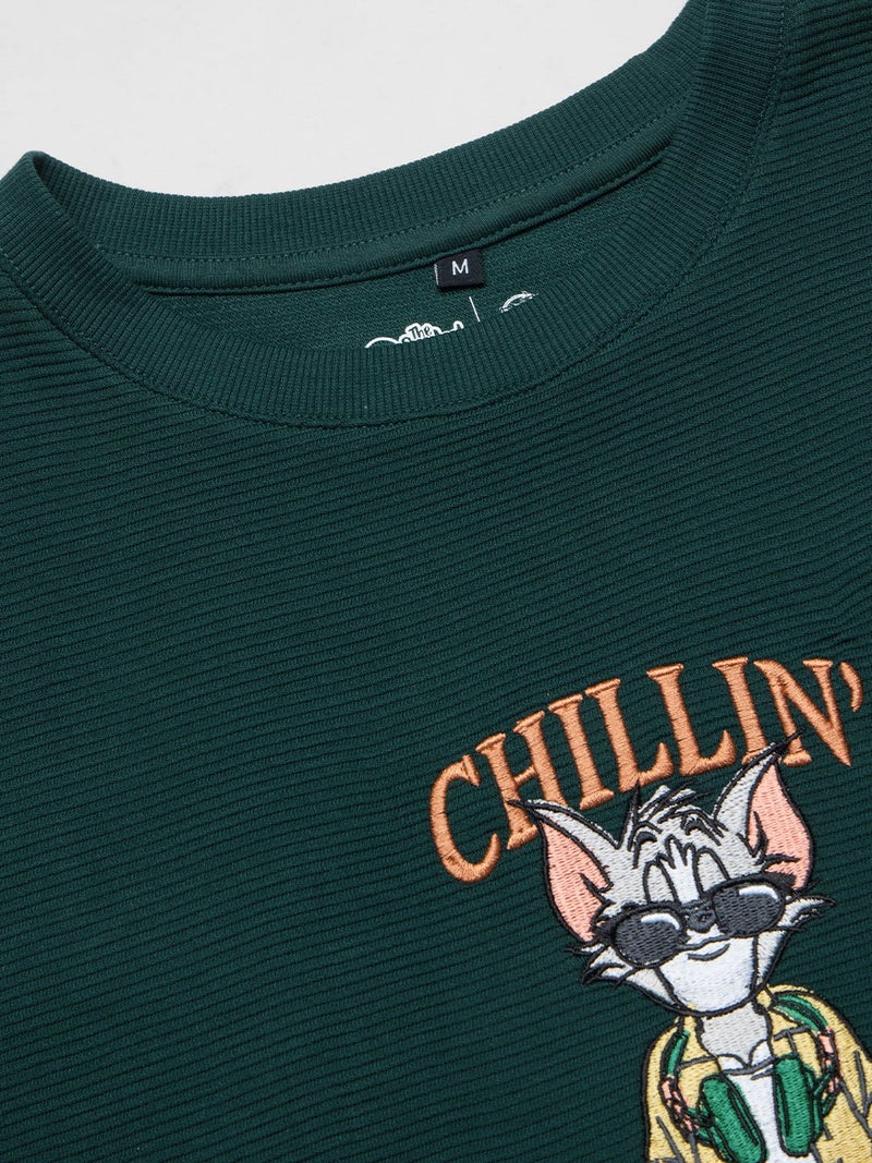 The Souled Store Tom Chillin' Time: Women and Girls Short Sleeves Round Neck Dark Green Typography Embroidered Cotton Blend Oversized Lightweight Everyday Streetwear T-Shirt - Image 4