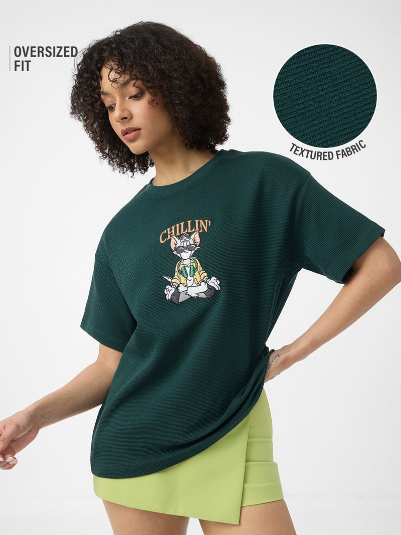 The Souled Store Tom Chillin' Time: Women and Girls Short Sleeves Round Neck Dark Green Typography Embroidered Cotton Blend Oversized Lightweight Everyday Streetwear T-Shirt - Image 1