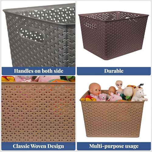 HomeStrap Rectangular Set Of 3 Plastic Storage Organizers Without Lid/Baskets For Kitchen, Clothes, Multipurpose Vegetables, Toys, Books, Office, Stationery, Wardrobe(Large | Biscuit, Grey, Brown) - Image 4