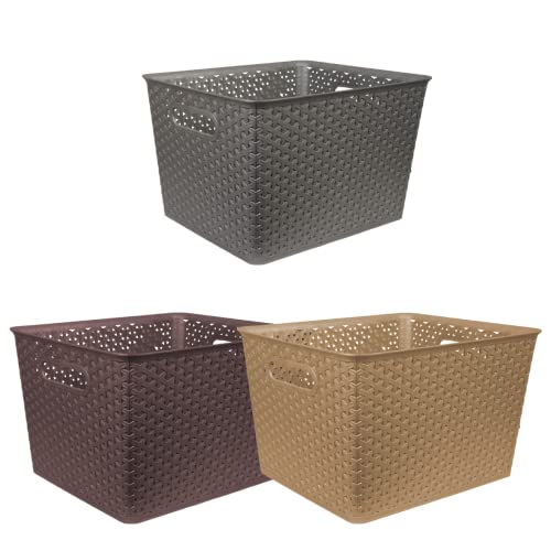 HomeStrap Rectangular Set Of 3 Plastic Storage Organizers Without Lid/Baskets For Kitchen, Clothes, Multipurpose Vegetables, Toys, Books, Office, Stationery, Wardrobe(Large | Biscuit, Grey, Brown) - Image 1