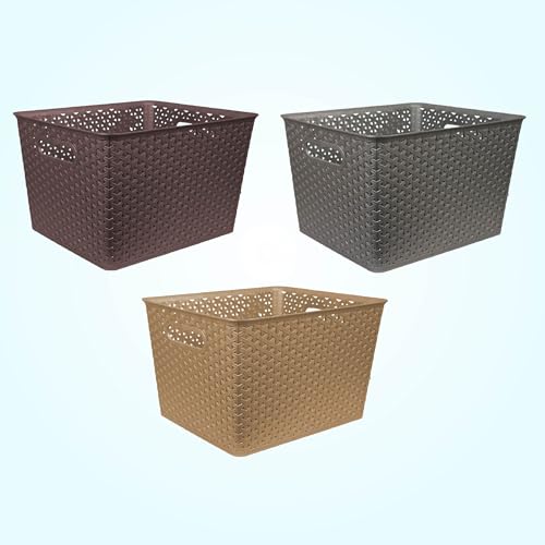 HomeStrap Rectangular Set Of 3 Plastic Storage Organizers Without Lid/Baskets For Kitchen, Clothes, Multipurpose Vegetables, Toys, Books, Office, Stationery, Wardrobe(Large | Biscuit, Grey, Brown) - Image 2
