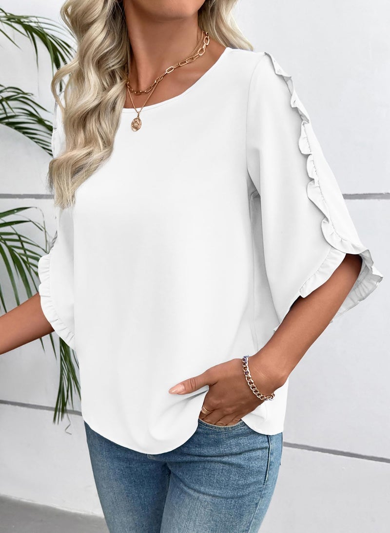EVALESS Ruffle 3/4 Length Sleeve Womens Tops Fashion 2026 Crewneck Summer Tops Dressy Casual Blouses White Medium - Image 3