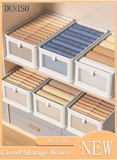 DUNISO 3 Pcs Linen Storage Boxes Large Capacity Foldable Storage Baskets for Home Fabric Storage Bins with Handles and Transparent Front Window Clothes Organizers Boxes  - Image 1