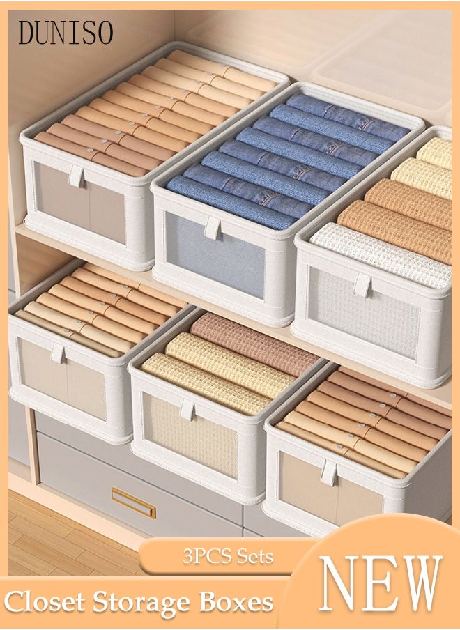 DUNISO 3 Pcs Linen Storage Boxes Large Capacity Foldable Storage Baskets for Home Fabric Storage Bins with Handles and Transparent Front Window Clothes Organizers Boxes  - Image 1