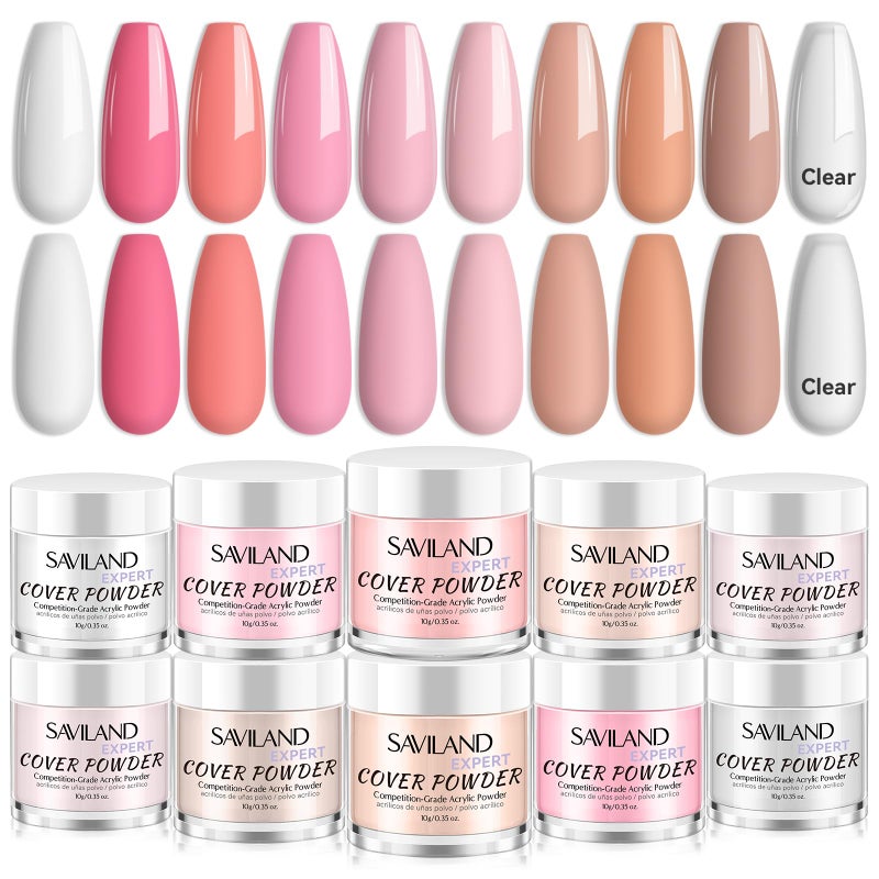 Saviland Acrylic Powder Set: Keratin Professional Acrylic Nail Powder Clear/Nudes/Pink Acrylic Ultra Fine Powder for Nail Extension 3D Nail Art Quick Dry Salon Quality Acrylic Nails 10G * 10 - Image 1