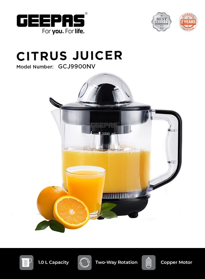 GEEPAS Electric Citrus Juicer, Dual-Rotation, 1 Liter Clear Jar, 25W Copper Motor, Non-Slip Feet, for Oranges, Lemons, Limes 1 L 25 W GCJ9900NV Clear/Black - Image 1