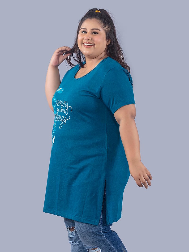 CUPID Women Cotton Regular Fit Plus Size Round Neck Half Sleeve T-Shirt, Nightwear, Sleepwear, Daily Use Gym N Lounge Wear Long Tops For Ladies_Teal Blue_6Xl - Image 3