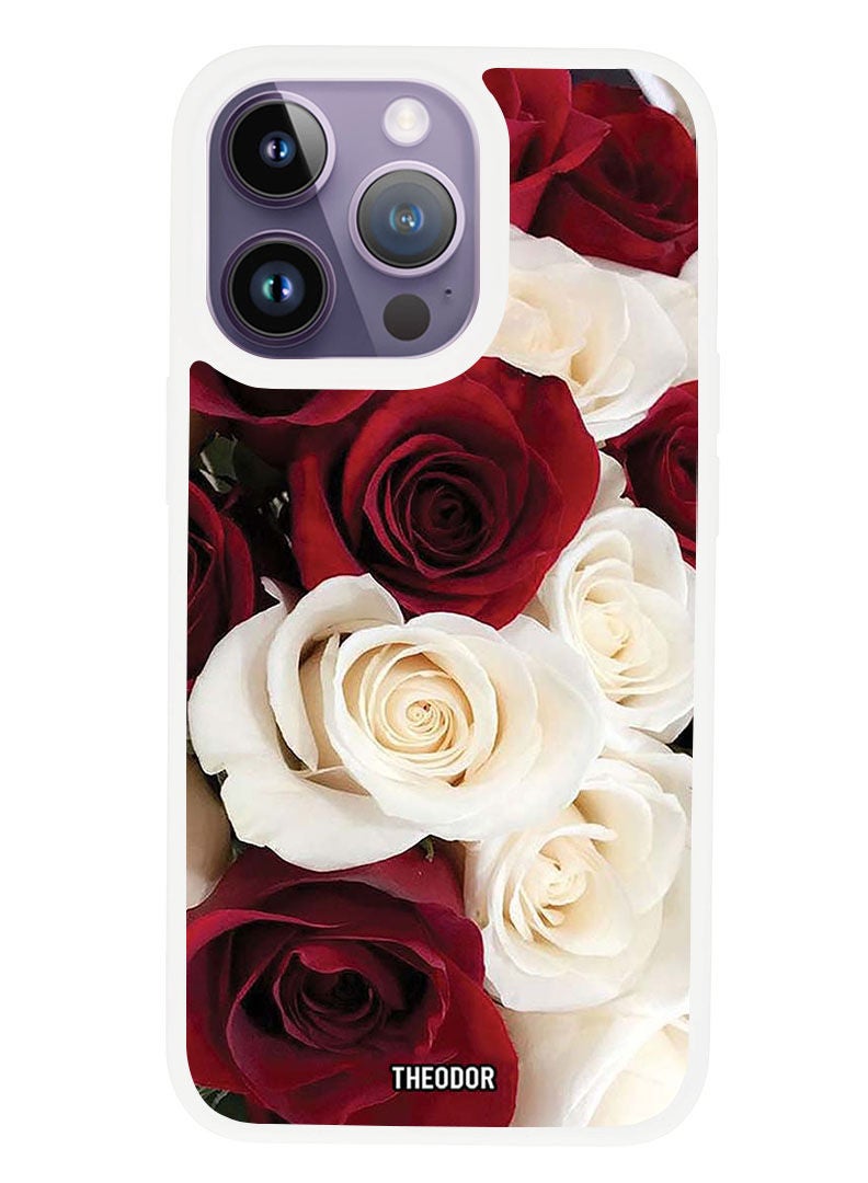 Theodor Protective Case Anti Scratch Shock Proof Cover For APPLE IPHONE 14 PRO MAX White & Red Flower (White Bumper) - Image 1